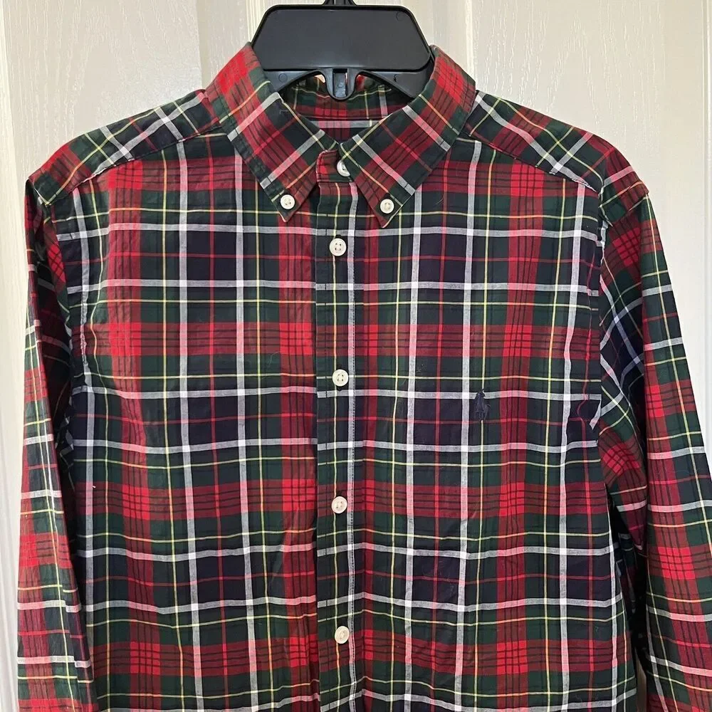 Ralph Lauren Red Green Navy Plaid Button Up Shirt Cotton Boys Size Large 14-16